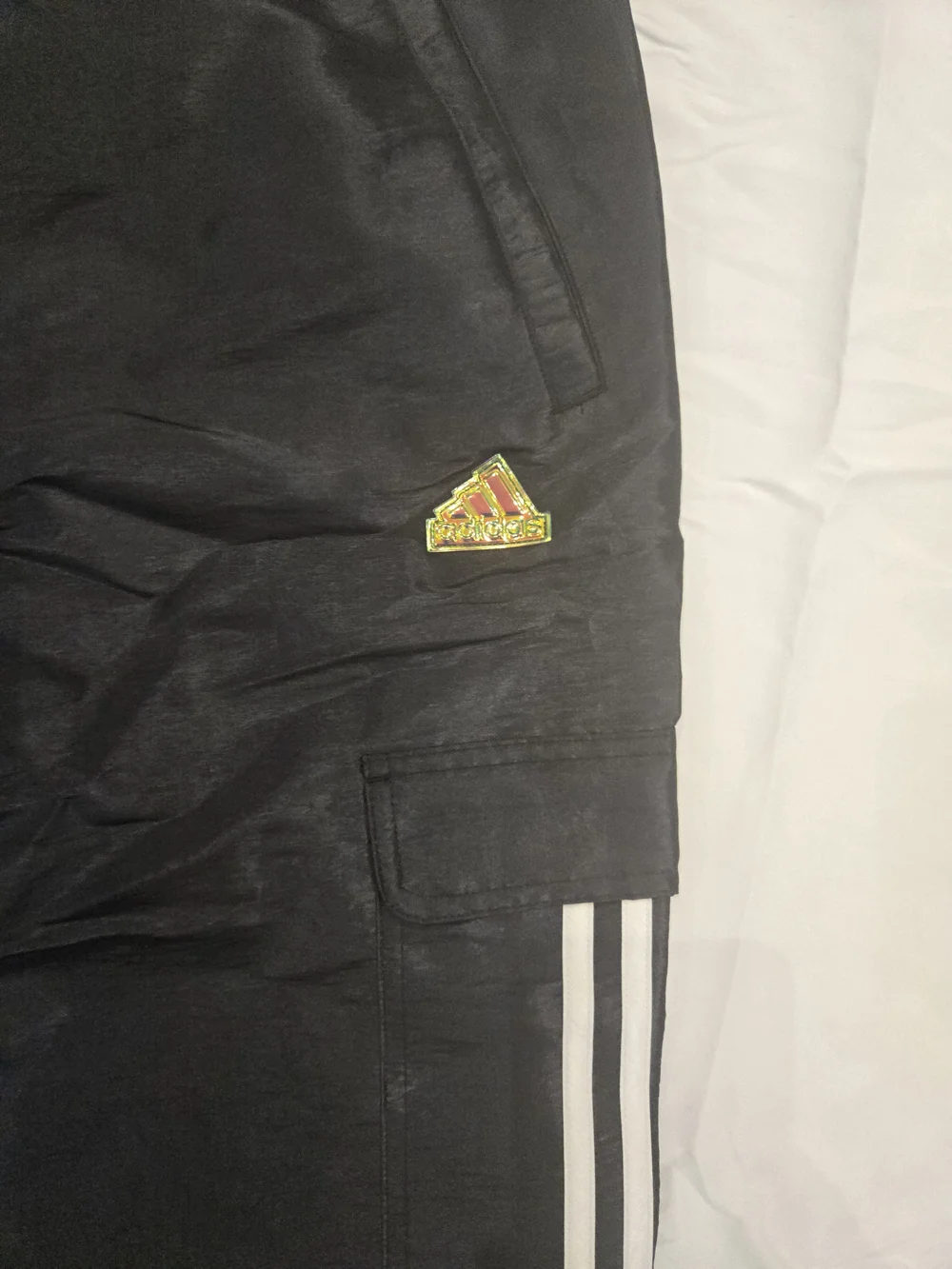 Adidas Black Cargo Windbreaker Track Pants with White Stripes